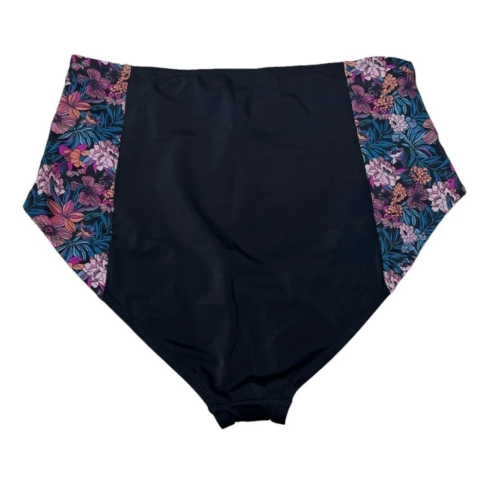 Venus Black Floral Print Maximum Shaping High-Waist Swim Bikini Bottom Size 18